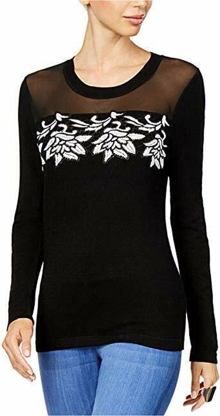 Thalia Sodi Women's Black Floral Embroidered "Salvador" Detail Sweater, Medium